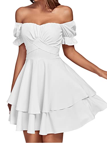 LYANER Women's Tie Back Off Shoulder Wrap Layer Ruffle Short Sleeve Mini Dress White Medium