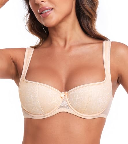 HACI Women's Sexy Balconette Bra Demi Half Cup Push Up Lightly Padded Shelf Underwire Low Cut Bras(Nude,40B)