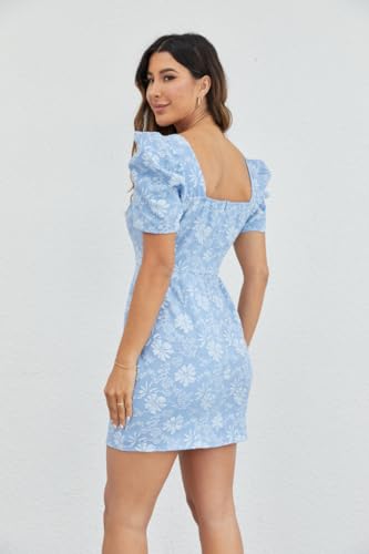 SOLY HUX Women's Floral Square Neck Puff Short Sleeve Mini Dress High Waist Summer Boho Short Dresses Blue and White XS