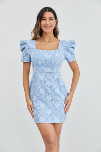 SOLY HUX Women's Floral Square Neck Puff Short Sleeve Mini Dress High Waist Summer Boho Short Dresses Blue and White XS