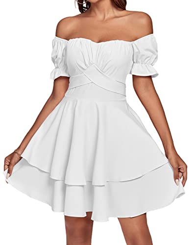 LYANER Women's Tie Back Off Shoulder Wrap Layer Ruffle Short Sleeve Mini Dress White Medium