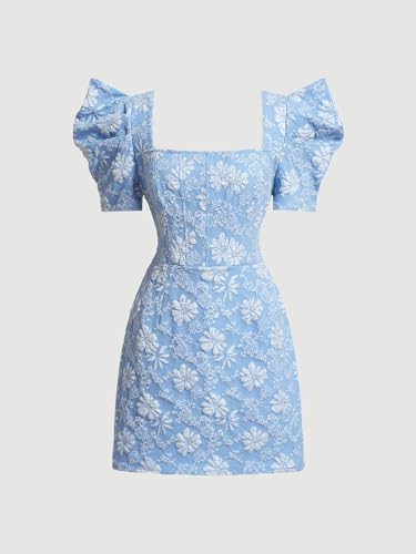 SOLY HUX Women's Floral Square Neck Puff Short Sleeve Mini Dress High Waist Summer Boho Short Dresses Blue and White XS