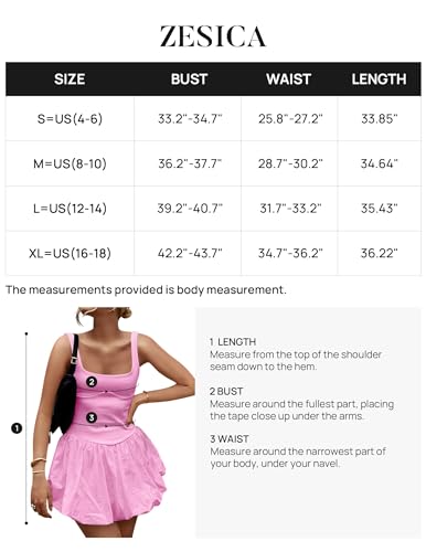 ZESICA Women's 2024 Summer Mini Dress Tank Sleeveless Square Neck Solid Color Puffy Beach Short Dresses Sundress,Pink,Small