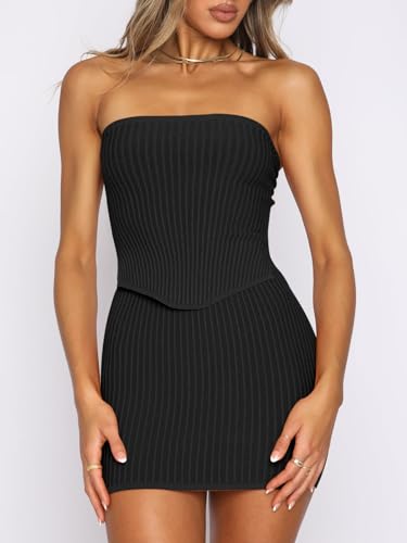 ANRABESS Women's Two Piece Outfits Summer Sexy Skirt Sets Going Out Cute Bandeau Crop Tops Short Bodycon Club Mini Dresses Black Small