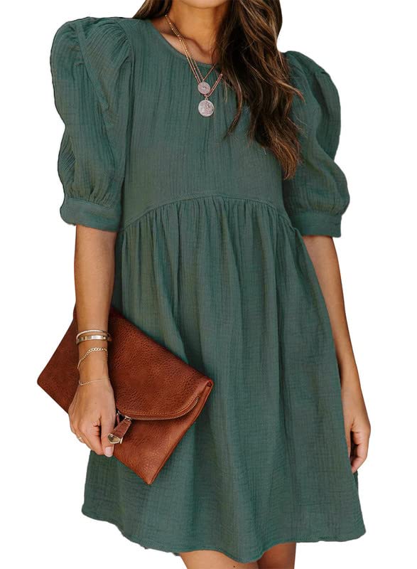 Dokotoo Womens Dress 2024 Summer Cute Simple Tunic Dress Crew Neck Lantern Sleeve Work Spring Casual Loose Mini Short Skater Ruched Dress with Pockets Green US 12 14