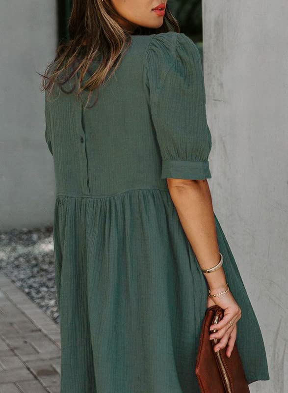 Dokotoo Womens Dress 2024 Summer Cute Simple Tunic Dress Crew Neck Lantern Sleeve Work Spring Casual Loose Mini Short Skater Ruched Dress with Pockets Green US 12 14
