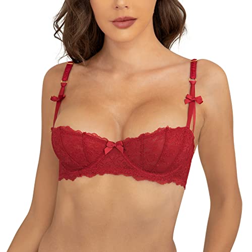 Women's Lace Unlined Balconette Demi-Cup Underwire Sheer Bra(D238-Red-36D)