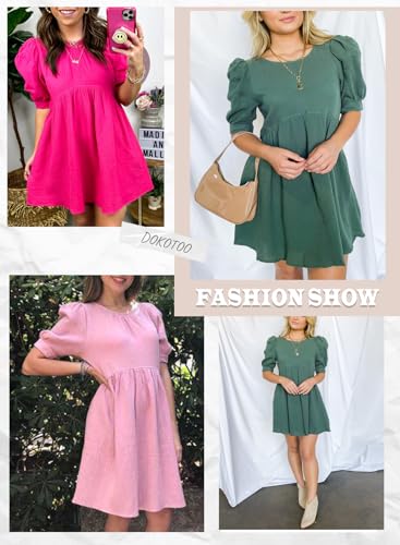 Dokotoo Womens Dress 2024 Summer Cute Simple Tunic Dress Crew Neck Lantern Sleeve Work Spring Casual Loose Mini Short Skater Ruched Dress with Pockets Green US 12 14
