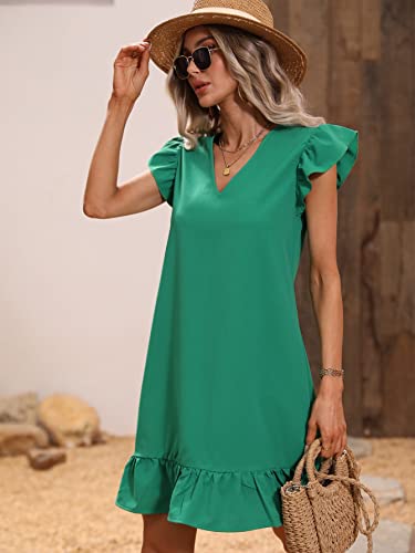 SOLY HUX Summer Dresses for Women V Neck Cap Sleeve Ruffle Hem Smock Short Dress Solid Green XL