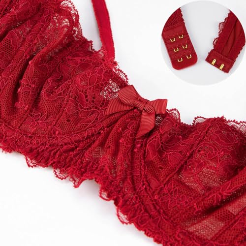 Women's Lace Unlined Balconette Demi-Cup Underwire Sheer Bra(D238-Red-36D)