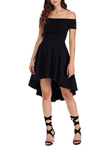 Sarin Mathews Women Off The Shoulder Short Sleeve High Low Cocktail Skater Dress Black M