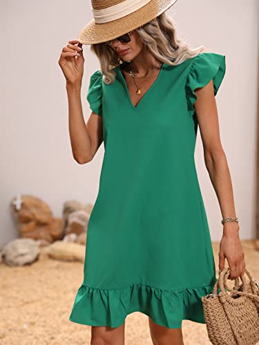 SOLY HUX Summer Dresses for Women V Neck Cap Sleeve Ruffle Hem Smock Short Dress Solid Green XL