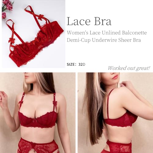 Women's Lace Unlined Balconette Demi-Cup Underwire Sheer Bra(D238-Red-36D)