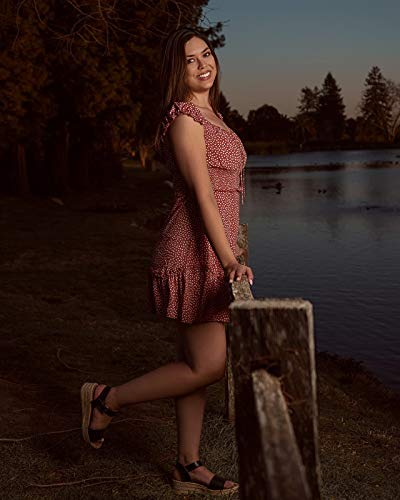 Valphsio Womens Smocked Dress Ruffle Floral Tie Front Boho Short Dresses Red