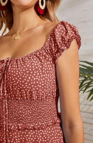 Valphsio Womens Smocked Dress Ruffle Floral Tie Front Boho Short Dresses Red