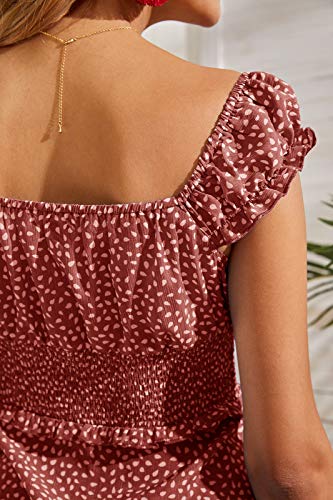 Valphsio Womens Smocked Dress Ruffle Floral Tie Front Boho Short Dresses Red