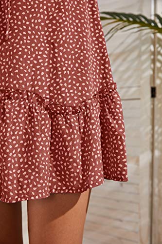 Valphsio Womens Smocked Dress Ruffle Floral Tie Front Boho Short Dresses Red