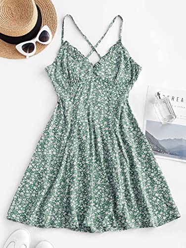 ZAFUL Women's Ditsy Floral Cami Mini Dress V-Neck Cross Back Ruched Frilled A-Line Dress Swing Skater Beach Dress
