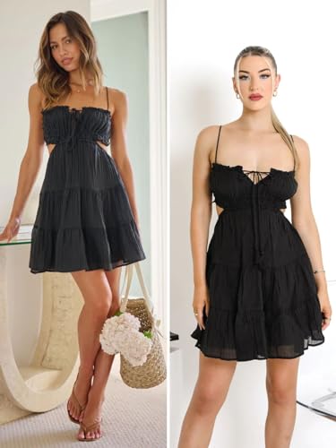 Wenrine Women's Summer Beach Mini Dress Adjustable Spaghetti Straps Sexy Backless Tiered Sleeveless Boho Dresses Black