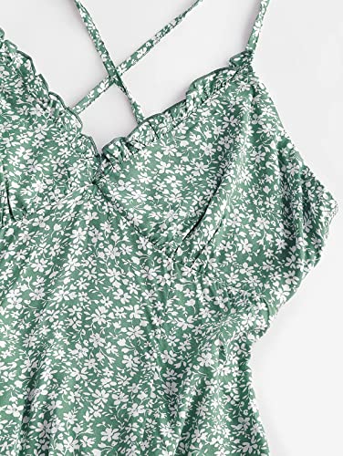 ZAFUL Women's Ditsy Floral Cami Mini Dress V-Neck Cross Back Ruched Frilled A-Line Dress Swing Skater Beach Dress