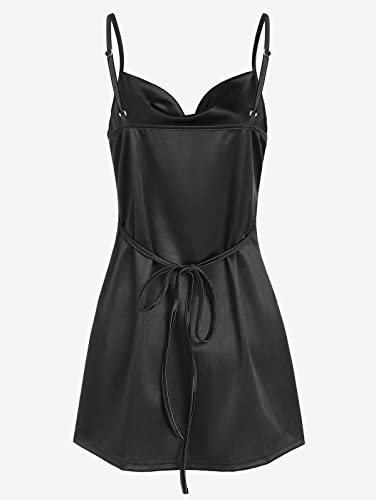 ZAFUL Women's Satin Sleeveless Spaghetti Strap Mini Dress Sexy Slip Cowl Neck Silky Cocktail Party Dresses(Black, S)