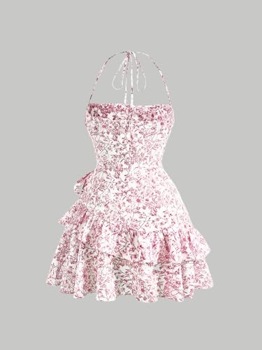Floerns Women's Floral Print Sleeveless Halter Tie Back Layered Hem Cami Mini Dress Pink and White Small