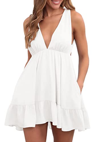 Febriajuce Womens Summer Mini Dress Loose Ruffle Deep V-Neck Backless Strap Solid Casual Short Dresses with Pockets White