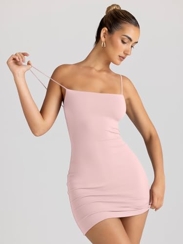 LILLUSORY Mini Sexy Bodycon Dresses 2024 Summer Spaghetti Strap Backless Short Tight Party Club Dress Light Pink