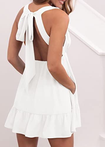 Febriajuce Womens Summer Mini Dress Loose Ruffle Deep V-Neck Backless Strap Solid Casual Short Dresses with Pockets White