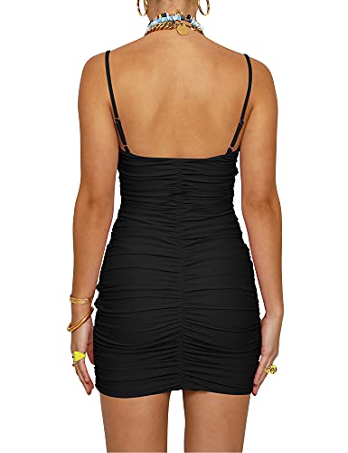 BORIFLORS Women's Sexy Bodycon Cut Out Ruched Backless Spaghetti Strap Mini Club Party Dresses, Small, Black
