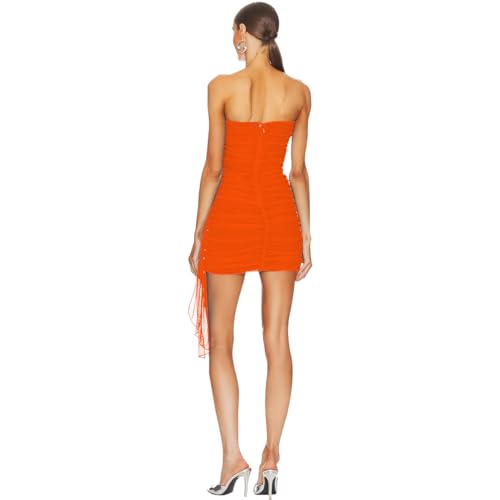NADIA FRACA Women's Sexy Mesh Strapless Off Shoulder Y2k Bodycon Dress Backless Tube Draped Ruched Mini Dress Orange