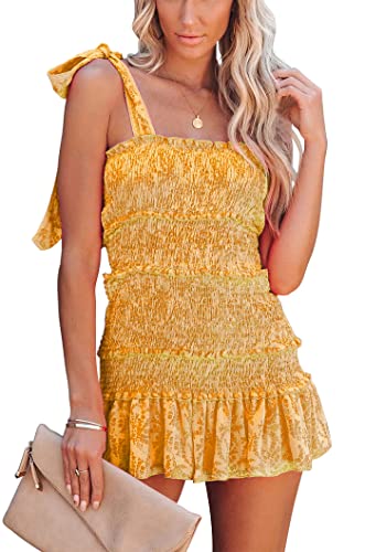 chouyatou Women's Summer Floral Spaghetti Strap Square Neck Ruffle Tie Mini Smocked Dress (Small, Yellow)