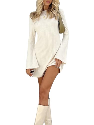 Verdusa Women's Backless Round Neck Flare Long Sleeve Tie Back Knitted Mini Dress Apricot XS