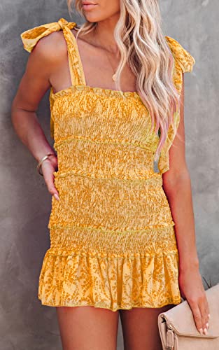 chouyatou Women's Summer Floral Spaghetti Strap Square Neck Ruffle Tie Mini Smocked Dress (Small, Yellow)