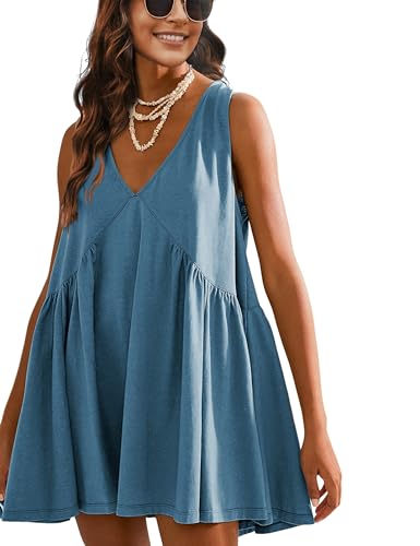 Athlisan Womens Summer Sleeveless Mini Dress Casual Loose V Neck Sundress with Pockets(Navy-S)