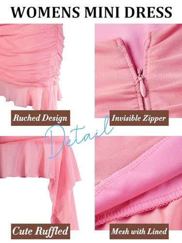Zwurew Women's Bodycon Mini Dress Summer Sleeveless Ruched Mesh Ruffled Hem Club Party Dresses Pink