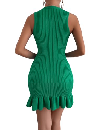 MakeMeChic Women's Sleeveless Ruffle Hem Ribbed Knit Mini Bodycon Sweater Dress Green XL