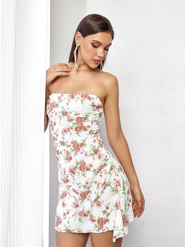 Parthea Womens Floral Dress Y2K Strapless Dresses Going Out Sexy Mini Dress for Cocktail Clubwear Party Rose