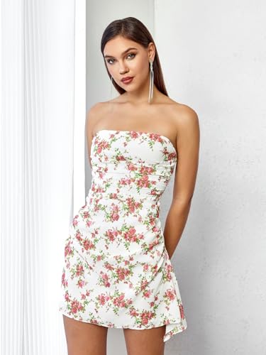 Parthea Womens Floral Dress Y2K Strapless Dresses Going Out Sexy Mini Dress for Cocktail Clubwear Party Rose