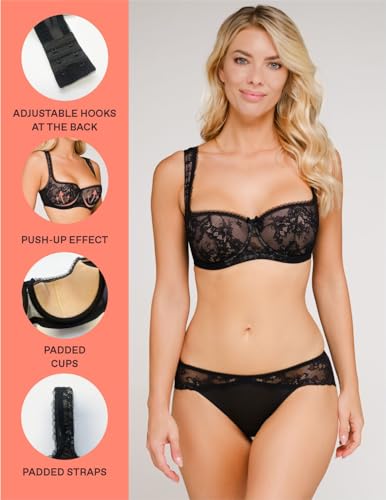 Rosme Womens Balconette Bra with Padded Straps, Collection Eliza, Black, Size 36C