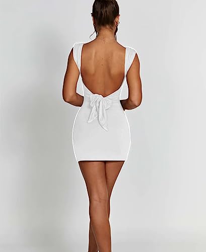 SHESEEWORLD Women's Sexy Summer Sleeveless Tie Waist Back Square Neck Backless Slit Hem Ruched Bodycon Mini Tank Dress White