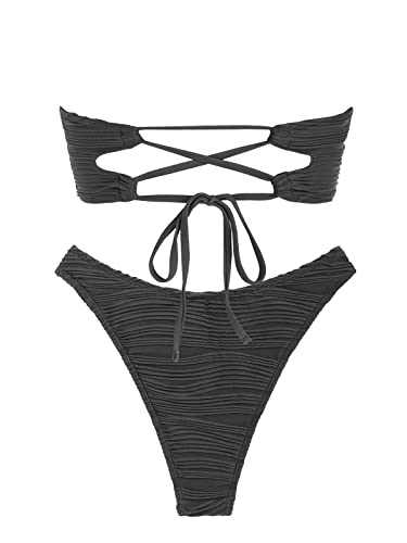 ZAFUL Women Strapless Textured Bandeau Bikini 2 Piece Swimwear Cheeky Solid Lace up Bathing Suits(1-Dark Gray,M)