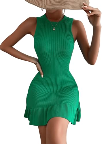 MakeMeChic Women's Sleeveless Ruffle Hem Ribbed Knit Mini Bodycon Sweater Dress Green XL