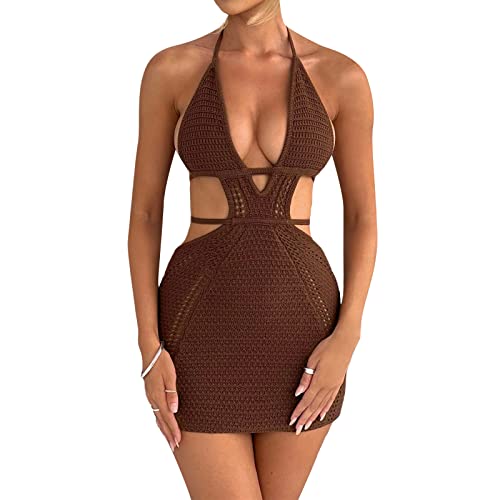 MYBFYABO Women's Halter Bodycon Mini Dress Sleeveless Tie Backless Hollow Out Corset Knit Dress Wrap Dress Summer Beach Dress (Brown, S)