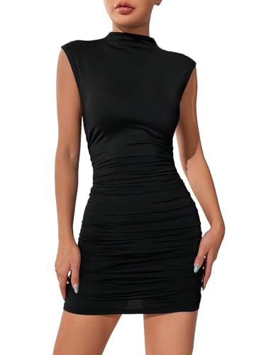 SOLY HUX Women's Mock Neck Mini Dress Cap Sleeve Ruched Sexy Bodycon Dresses Pure Black XS