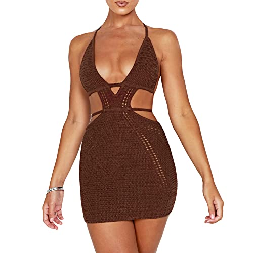 MYBFYABO Women's Halter Bodycon Mini Dress Sleeveless Tie Backless Hollow Out Corset Knit Dress Wrap Dress Summer Beach Dress (Brown, S)