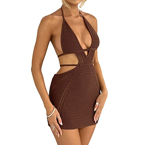 MYBFYABO Women's Halter Bodycon Mini Dress Sleeveless Tie Backless Hollow Out Corset Knit Dress Wrap Dress Summer Beach Dress (Brown, S)
