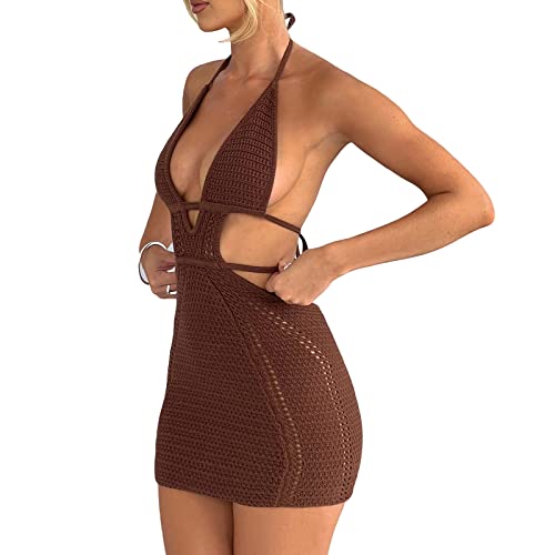 MYBFYABO Women's Halter Bodycon Mini Dress Sleeveless Tie Backless Hollow Out Corset Knit Dress Wrap Dress Summer Beach Dress (Brown, S)