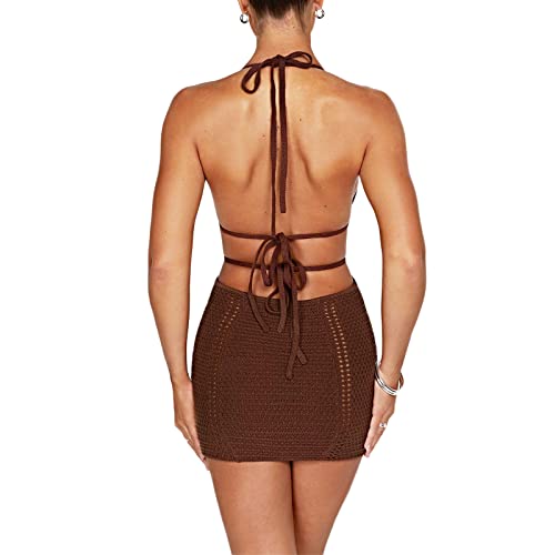 MYBFYABO Women's Halter Bodycon Mini Dress Sleeveless Tie Backless Hollow Out Corset Knit Dress Wrap Dress Summer Beach Dress (Brown, S)