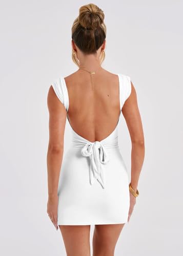 Misng Women's 2024 Sexy Sleeveless Dress Square Neck Backless High Side Slit Ruched Bodycon Mini Dress White